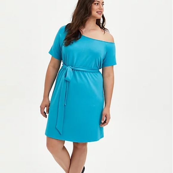 torrid Dresses & Skirts - Torrid french terry teal off shoulder tshirt dress. Size 3x 22-24